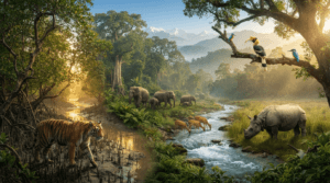Royal Bengal Tiger, Asian elephants, one-horned rhinoceros, and rich forests of West Bengal.