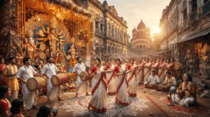 Traditional Bengali culture featuring Durga Puja celebrations, Baul singers, Rabindra Sangeet, and traditional attire.