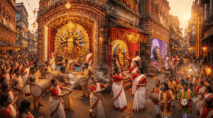 Grand Durga Puja celebrations, Dhunuchi dance, Sindoor Khela, and traditional Bengali festivals in West Bengal.