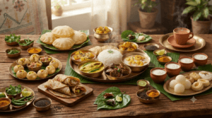 Traditional Bengali dishes including Shorshe Ilish, Rosogolla, Sandesh, Mishti Doi, Luchi, and Darjeeling Tea.