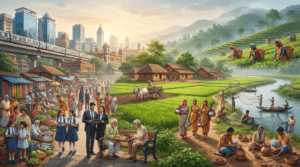Diverse people, urban Kolkata, and rural communities representing the population of West Bengal.