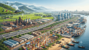 West Bengal's economy featuring tea gardens, Haldia Port, IT parks, steel industry, agriculture, and trade.