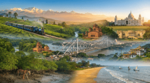 Famous tourist attractions of West Bengal including Kolkata, Darjeeling, Sundarbans, Bishnupur, Digha, and Murshidabad.