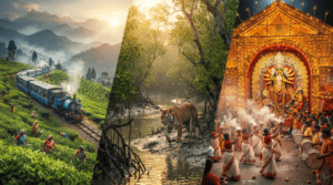 Darjeeling Himalayan Railway, Sundarbans National Park, and Durga Puja showcasing West Bengal's UNESCO heritage.