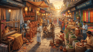 Baluchari Sarees, Darjeeling Tea, Bankura Terracotta Horses, Dokra crafts, Jamdani, and traditional markets of West Bengal.