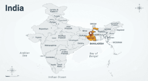 Political map of India highlighting Tripura with Agartala, neighboring states Assam and Mizoram, and the Bangladesh international border
