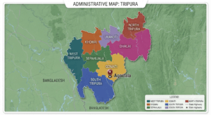 Administrative map of Tripura showing all eight districts with district boundaries, names, and the capital city Agartala