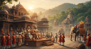 Ancient Kingdom of Tripura during the Manikya Dynasty featuring a royal palace, king, soldiers, temples, elephants, and traditional Tripuri architecture