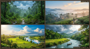 Four-season collage of Tripura showing monsoon rainfall, misty winter mornings, warm summer landscapes, green forests, hills, and rivers
