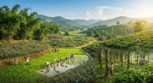 Farmers working in Tripura's paddy fields with rubber plantations, Queen Pineapple orchards, tea gardens, vegetable farms, and green hills