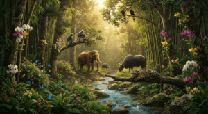 Dense forests of Tripura featuring bamboo groves, orchids, Asian elephants, clouded leopard, hornbills, Phayre's leaf monkeys, and diverse wildlife