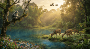 Sepahijala Wildlife Sanctuary in Tripura featuring Phayre's leaf monkey, spotted deer, hornbills, wetlands, bamboo forests, and rich biodiversity