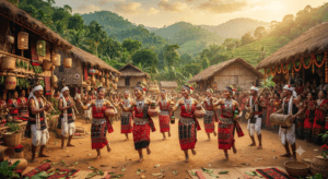 Tripuri tribal men and women wearing Rignai and Risa performing the Hojagiri dance with traditional bamboo musical instruments in a cultural festival