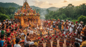 Devotees celebrating Kharchi Puja in Tripura with temple rituals, traditional attire, oil lamps, flowers, and vibrant cultural performances