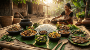 Traditional Tripura dishes including Mui Borok, Gudok, Chakhwi, Berma, bamboo shoot curry, steamed rice, and local tribal cuisine
