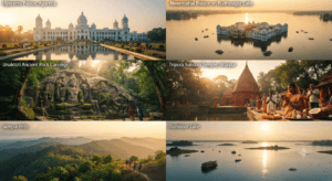 Ujjayanta Palace, Neermahal, Unakoti rock carvings, Tripura Sundari Temple, Jampui Hills, and Dumboor Lake in Tripura