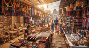 Traditional handicrafts market in Tripura featuring bamboo and cane products, Rignai, Risa, handmade textiles, and local artisans