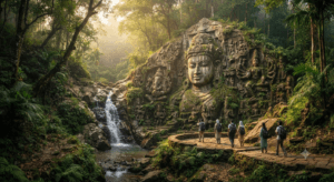 Ancient Unakoti rock-cut sculptures in Tripura featuring massive carvings of Lord Shiva surrounded by lush forests and a cascading waterfall