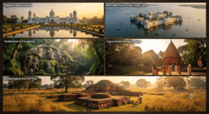 Ujjayanta Palace, Neermahal Palace, Unakoti rock carvings, Pilak archaeological site, and Tripura Sundari Temple showcasing the architectural heritage of Tripura