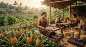 Tripura Queen Pineapple, traditional Rignai and Risa textiles, bamboo handicrafts, and tribal artisans showcasing the state's GI-tagged heritage products