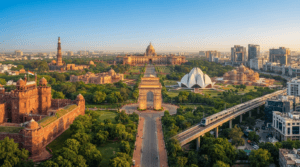 A panoramic view of Delhi featuring India Gate, Kartavya Path, Red Fort, Qutub Minar, Lotus Temple, Akshardham Temple, Delhi Metro, and the modern skyline.