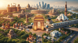 Documentary-style collage showcasing Delhi's iconic landmarks, governance, education, economy, transportation, healthcare, and cultural heritage.