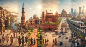 Historical collage featuring Indraprastha, Qutub Minar, Humayun's Tomb, Red Fort, India Gate, Rashtrapati Bhavan, and modern Delhi.