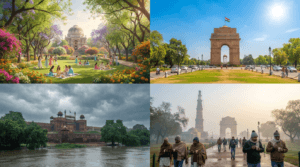 Four-season collage showing spring, summer, monsoon, and winter in Delhi with iconic landmarks including India Gate, Red Fort, and Qutub Minar.