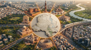 Aerial collage featuring a district map of Delhi surrounded by famous landmarks, the Yamuna River, Delhi Metro, and the modern cityscape.