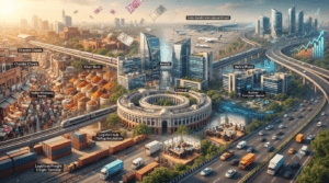 Modern commercial skyline of Delhi featuring Connaught Place, business districts, markets, airport, metro, highways, and economic infrastructure.