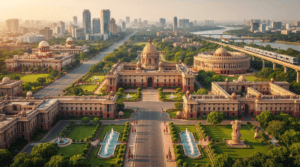 Rashtrapati Bhavan, Parliament House, Supreme Court, North Block, South Block, Delhi Secretariat, and Kartavya Path representing Delhi's governance.