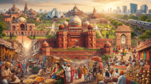 Cultural collage featuring Red Fort, Jama Masjid, traditional festivals, folk performances, Chandni Chowk, handicrafts, and Delhi's diverse heritage.