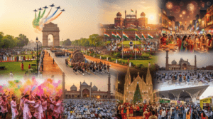 Festival collage featuring Republic Day Parade, Independence Day at Red Fort, Diwali, Holi, Eid, Christmas, and the India International Trade Fair in Delhi.