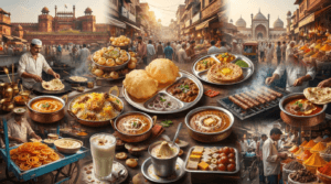Traditional Delhi cuisine featuring Chole Bhature, Parathas, Butter Chicken, Gol Gappe, Kebabs, Jalebi, Kulfi, and Chandni Chowk street food.