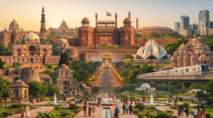 Panoramic collage featuring Red Fort, India Gate, Qutub Minar, Lotus Temple, Akshardham Temple, Humayun's Tomb, Jama Masjid, and other famous tourist places in Delhi.