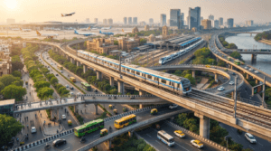 Delhi Metro, Indira Gandhi International Airport, New Delhi Railway Station, expressways, buses, and modern transport infrastructure in Delhi.