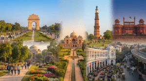 India Gate, Lodhi Garden, Qutub Minar, Humayun's Tomb, and Kartavya Path during Delhi's pleasant winter and spring seasons.