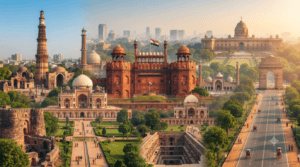 Architectural collage featuring Red Fort, Qutub Minar, Humayun's Tomb, Purana Qila, India Gate, Jama Masjid, Safdarjung's Tomb, and Rashtrapati Bhavan.