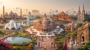 Akshardham Temple, Lotus Temple, Jama Masjid, Gurudwara Bangla Sahib, ISKCON Temple, Sacred Heart Cathedral, Chhatarpur Temple, and Kalkaji Temple in Delhi.