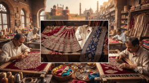 Delhi Handmade Zardozi embroidery with skilled artisans creating intricate gold and silver thread work in a traditional Old Delhi workshop.