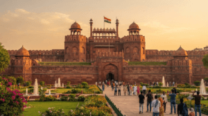 The historic Red Fort in Delhi featuring its majestic red sandstone walls, Lahori Gate, Mughal architecture, and the Indian National Flag.