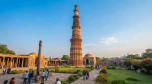 The UNESCO World Heritage Site Qutub Minar in Delhi with intricate red sandstone carvings, the Iron Pillar, and the Qutb archaeological complex.