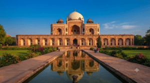 Humayun's Tomb in Delhi featuring its white marble dome, red sandstone architecture, Charbagh gardens, and reflecting pools.