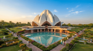 The Lotus Temple in Delhi with its iconic white marble lotus-shaped architecture, reflecting pools, landscaped gardens, and peaceful surroundings.