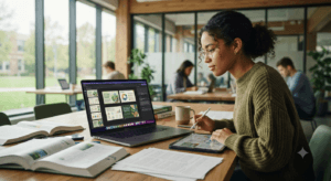 Student creating presentations using Canva AI