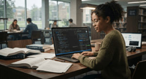 Computer science student using GitHub Copilot for programming