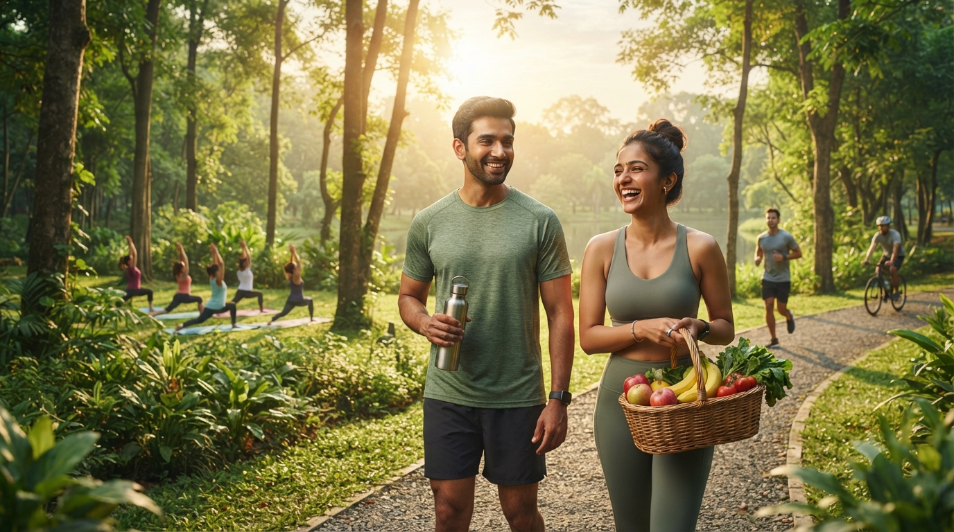 Healthy Indian couple following daily health tips by exercising, eating nutritious food, and living a healthy lifestyle.
