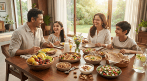 Healthy balanced diet with fresh fruits, vegetables, whole grains, eggs, and nutritious foods for a healthy lifestyle.Daily Health Tips