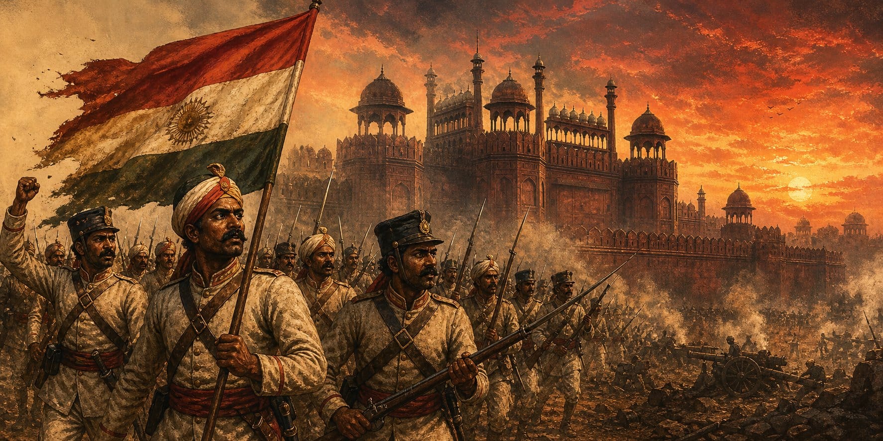 Indian sepoys marching with rifles near Delhi's Red Fort during the Revolt of 1857 Sepoy Mutiny