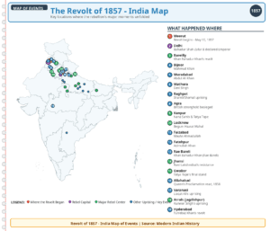 India map showing key locations of the Revolt of 1857 including Meerut, Delhi, Kanpur, Jhansi, Lucknow, Gwalior and Bihar with numbered markers for each event